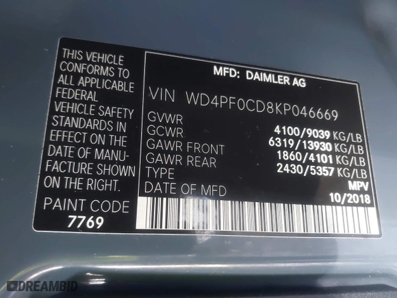 2019 Mercedes-Benz Sprinter Cargo Van with VIN WD4PF0CD8KP046669, listed as a IAAI auction lot 41575733 with 140,492 mi miles. Bid and sale history available at carsss.com. Image 9.