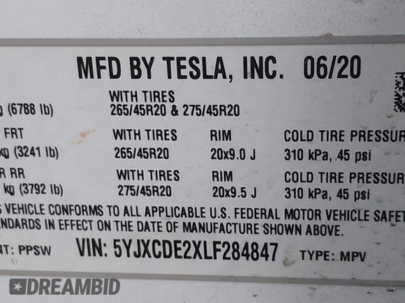 2020 Tesla Model X Long Range with VIN 5YJXCDE2XLF284847, listed as a IAAI auction lot 41595151 with 29,466 mi miles. Bid and sale history available at carsss.com. Image 9.