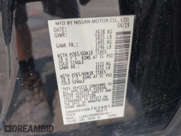 2019 Nissan Frontier SV z VIN 1N6AD0EV5KN763485, wystawiony jako IAAI lot #42393397 z przebiegiem 29 831 mil mil oraz . Historia ofert i sprzedaży dostępna na DreamBid. Obrazek 9.