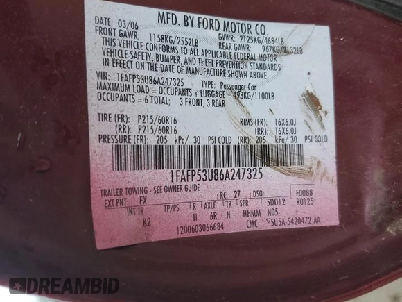 2006 Ford Taurus SE with VIN 1FAFP53U86A247325, listed as a Copart auction lot 58414025 with Not provided miles and Salvage title. Bid and sale history available at DreamBid. Image 12.