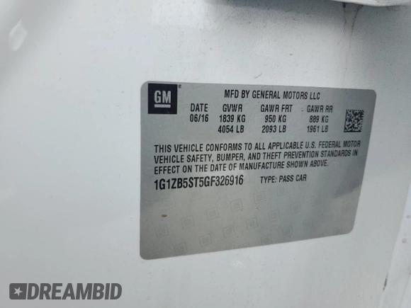 2016 Chevrolet Malibu LS with VIN 1G1ZB5ST5GF326916, listed as a Copart auction lot 59814265 with 104,466 mi miles and Salvage title. Bid and sale history available at DreamBid. Image 12.
