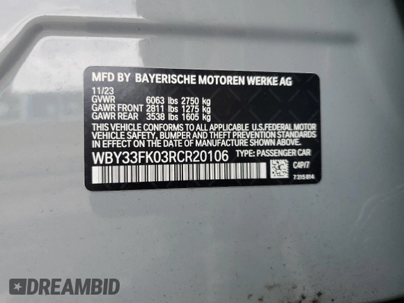 2024 BMW i5 eDrive40 z VIN WBY33FK03RCR20106, wystawiony jako Copart lot #68388554 z przebiegiem Nie podano mil oraz Szkody całkowita. Historia ofert i sprzedaży dostępna na DreamBid. Obrazek 12.