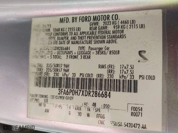 2013 Ford Fusion SE with VIN 3FA6P0H7XDR286684, listed as a IAAI auction lot 41891474 with 175,806 mi miles. Bid and sale history available at carsss.com. Image 9.
