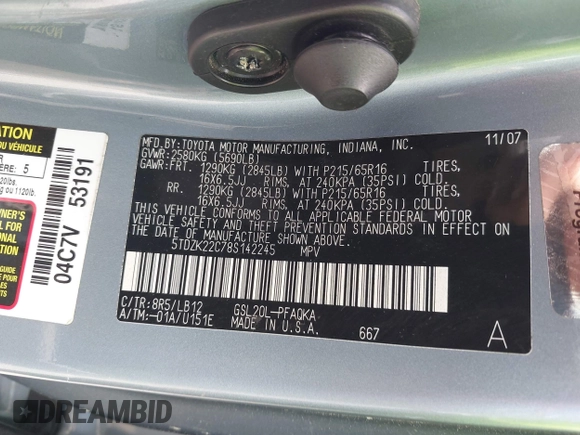 2008 Toyota Sienna XLE with VIN 5TDZK22C78S142245, listed as a IAAI auction lot 42166323 with 184,715 mi miles and . Bid and sale history available at DreamBid. Image 9.