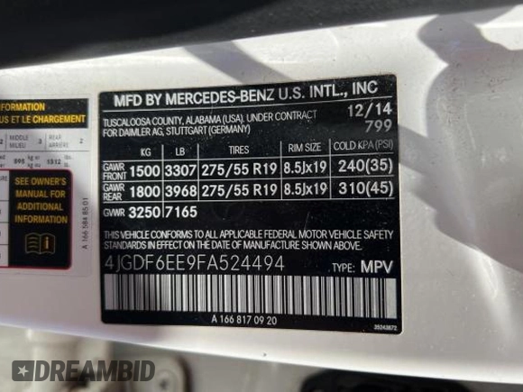 2015 Mercedes-Benz GL-Class GL 450 with VIN 4JGDF6EE9FA524494, listed as a Copart auction lot 51944304 with 151,010 mi miles. Bid and sale history available at carsss.com. Image 10.
