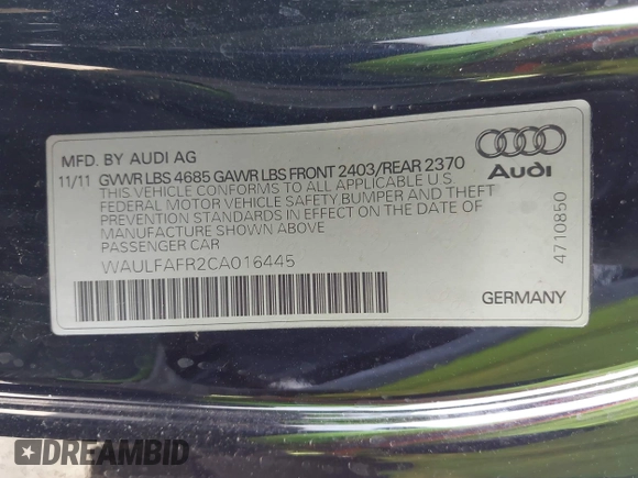 2012 Audi A5 Premium Plus with VIN WAULFAFR2CA016445, listed as a IAAI auction lot 41948820 with 159,751 mi miles and . Bid and sale history available at DreamBid. Image 9.