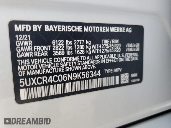 2022 BMW X5 sDrive40i with VIN 5UXCR4C06N9K56344, listed as a Copart auction lot 47600815 with 19,592 mi miles and Salvage Title. Bid and sale history available at carsss.com. Image 13.