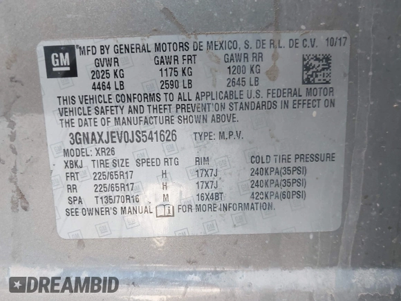 2018 Chevrolet Equinox LT with VIN 3GNAXJEV0JS541626, listed as a IAAI auction lot 42362457 with 116,933 mi miles and . Bid and sale history available at DreamBid. Image 9.