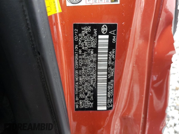 2012 Scion iQ with VIN JTNJJXB07CJ017816, listed as a Copart auction lot 59616355 with 141,384 mi miles and Salvage title. Bid and sale history available at DreamBid. Image 12.