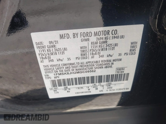 2021 Ford Explorer Timberline z VIN 1FMSK8JH2MGC09562, wystawiony jako IAAI lot #41923726 z przebiegiem 36 032 mil mil oraz . Historia ofert i sprzedaży dostępna na DreamBid. Obrazek 9.
