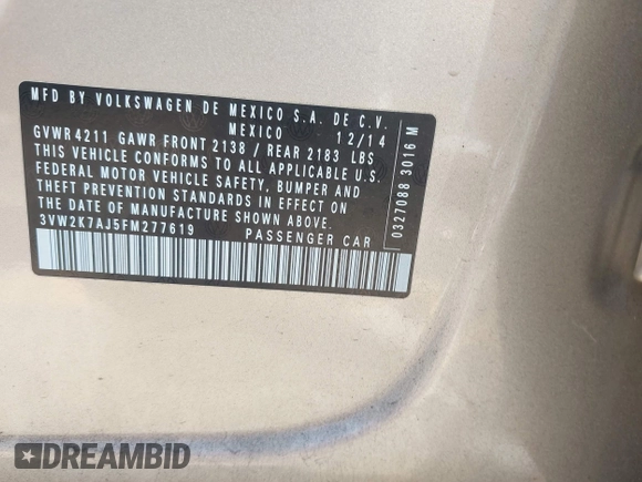 2015 Volkswagen Jetta S с VIN 3VW2K7AJ5FM277619, выставлен на аукционе IAAI как лот 41786668 с пробегом 73 073 миль миль и . История ставок и продаж доступна на DreamBid. Изображение 9.