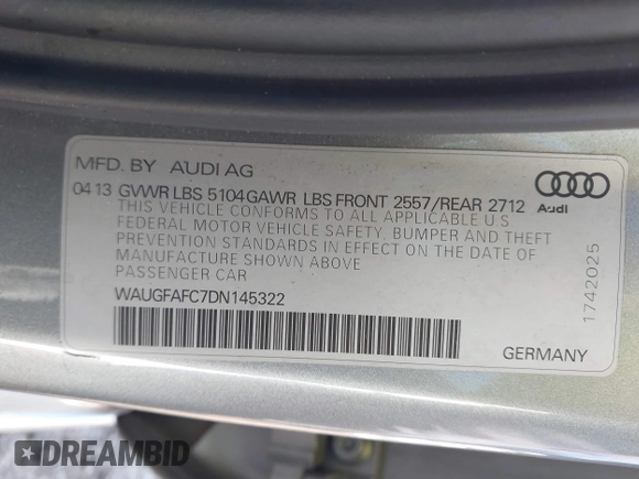 2013 Audi A6 Premium Plus с VIN WAUGFAFC7DN145322, выставлен на аукционе IAAI как лот 42615532 с пробегом 148 163 миль миль и . История ставок и продаж доступна на DreamBid. Изображение 9.
