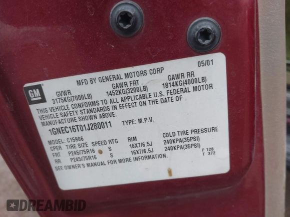 2001 Chevrolet Suburban LS with VIN 1GNEC16T01J280011, listed as a IAAI auction lot 41503436 with 1 mi miles. Bid and sale history available at carsss.com. Image 9.