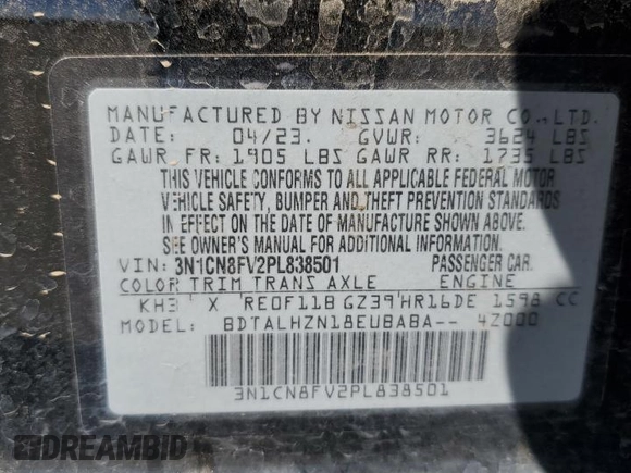 2023 Nissan Versa SR with VIN 3N1CN8FV2PL838501, listed as a Copart auction lot 54091825 with 33,473 mi miles and Clean title. Bid and sale history available at DreamBid. Image 12.