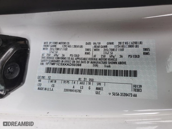 2019 Ford F-150 XL with VIN 1FTMF1C5XKKD50398, listed as a Copart auction lot 43720955 with 0 mi miles and Salvage Title. Bid and sale history available at carsss.com. Image 12.