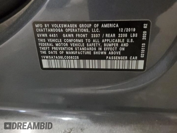 2020 Volkswagen Passat SE with VIN 1VWSA7A38LC008225, listed as a Copart auction lot 58100735 with 81,673 mi miles and Non repairable. Bid and sale history available at DreamBid. Image 13.