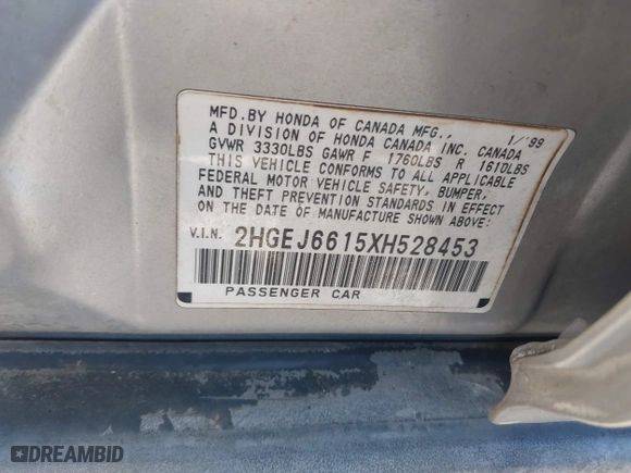 1999 Honda Civic VP with VIN 2HGEJ6615XH528453, listed as a IAAI auction lot 41655363 with 163,816 mi miles. Bid and sale history available at carsss.com. Image 9.