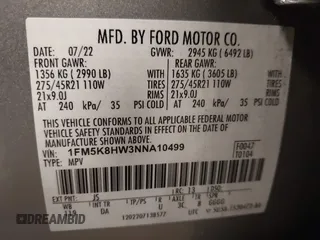 2022 Ford Explorer Platinum с VIN 1FM5K8HW3NNA10499, выставлен на аукционе IAAI как лот 42436872 с пробегом 30 186 миль миль и . История ставок и продаж доступна на DreamBid. Изображение 9.