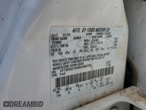 2009 Ford F-250 XL with VIN 1FTSW21R49EA86753, listed as a Copart auction lot 53250065 with 137,557 mi miles and Salvage title. Bid and sale history available at DreamBid. Image 12.