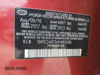 2017 Hyundai Sonata SE z VIN 5NPE24AF5HH483106, wystawiony jako Copart lot #59513995 z przebiegiem 101 774 mil mil oraz Szkoda całkowita • Salvage title. Historia ofert i sprzedaży dostępna na DreamBid. Obrazek 13.
