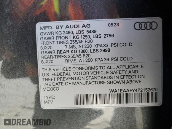 2023 Audi Q5 S line Premium Plus with VIN WA1EAAFY4P2152670, listed as a Copart auction lot 55598575 with 11,003 mi miles and Salvage title. Bid and sale history available at DreamBid. Image 13.