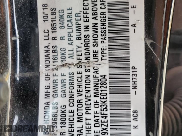 2019 Honda Insight EX with VIN 19XZE4F53KE012804, listed as a Copart auction lot 53758625 with 107,333 mi miles and Salvage Title. Bid and sale history available at carsss.com. Image 12.