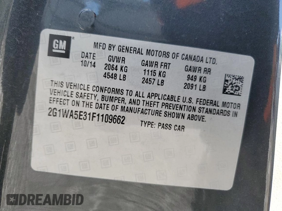 2015 Chevrolet Impala LS with VIN 2G1WA5E31F1109662, listed as a Copart auction lot 38601424 with 133,468 mi miles and Salvage title. Bid and sale history available at DreamBid. Image 12.