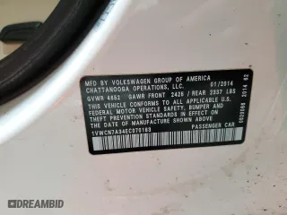 2014 Volkswagen Passat TDI SEL Premium with VIN 1VWCN7A34EC070183, listed as a Copart auction lot 46338665 with 121,337 mi miles and Salvage Title. Bid and sale history available at carsss.com. Image 12.