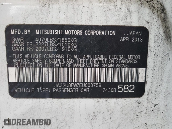 2014 Mitsubishi Lancer GT with VIN JA32U8FW7EU000759, listed as a Copart auction lot 54568915 with 74,438 mi miles and Salvage Title. Bid and sale history available at DreamBid. Image 13.
