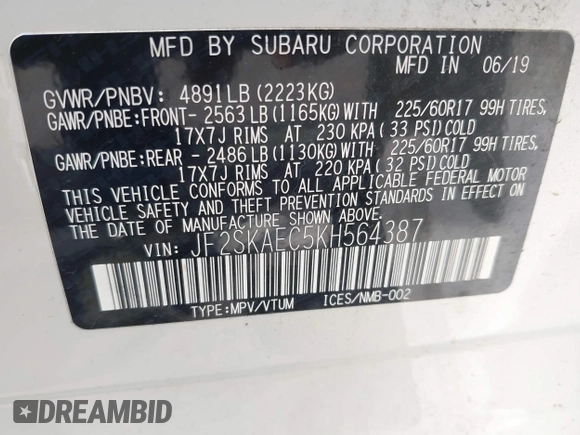 2019 Subaru Forester Premium with VIN JF2SKAEC5KH564387, listed as a IAAI auction lot 39915371 with 57,331 mi miles. Bid and sale history available at carsss.com. Image 9.