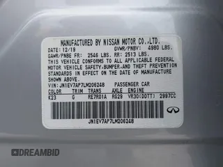 2020 Infiniti Q50 Pure with VIN JN1EV7AP7LM206248, listed as a IAAI auction lot 39653412 with 103,378 mi miles and . Bid and sale history available at carsss.com. Image 9.