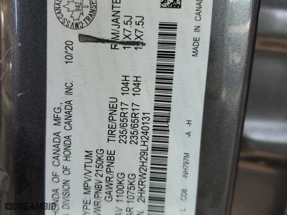 2020 Honda CR-V LX with VIN 2HKRW2H29LH240131, listed as a Copart auction lot 48787925 with 81,415 mi miles and Salvage Title. Bid and sale history available at carsss.com. Image 14.
