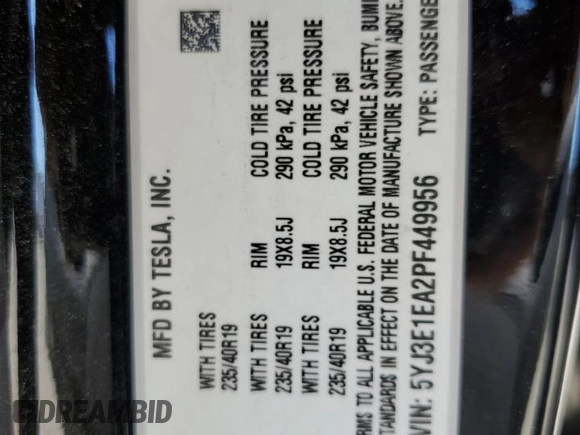2023 Tesla Model 3 z VIN 5YJ3E1EA2PF449956, wystawiony jako Copart lot #64069715 z przebiegiem 40 098 mil mil oraz Szkoda całkowita • Salvage title. Historia ofert i sprzedaży dostępna na DreamBid. Obrazek 12.