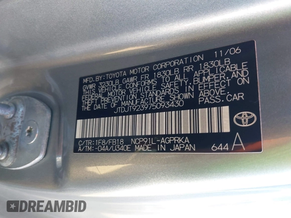 2007 Toyota Yaris with VIN JTDJT923975093430, listed as a IAAI auction lot 41755223 with 203,217 mi miles and . Bid and sale history available at DreamBid. Image 9.