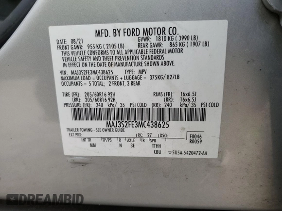 2021 Ford EcoSport S with VIN MAJ3S2FE3MC438625, listed as a Copart auction lot 85929604 with 49,158 mi miles and Salvage Title. Bid and sale history available at DreamBid. Image 13.