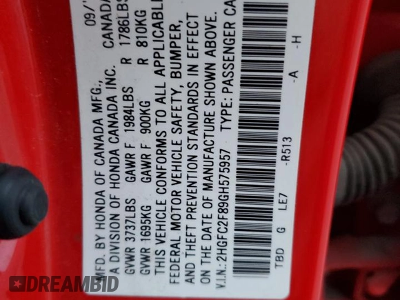 2016 Honda Civic Sedan EX with VIN 2HGFC2F89GH575957, listed as a Copart auction lot 48320894 with 112,961 mi miles and Clean Title. Bid and sale history available at carsss.com. Image 12.