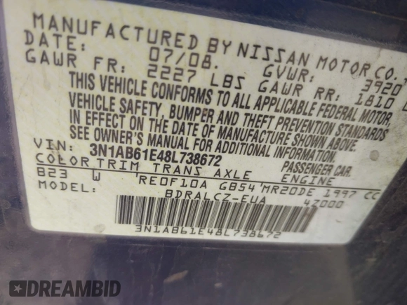 2008 Nissan Sentra S with VIN 3N1AB61E48L738672, listed as a IAAI auction lot 42415195 with 176,571 mi miles and . Bid and sale history available at DreamBid. Image 9.