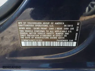 2012 Volkswagen Passat SE w/Sunroof with VIN 1VWBM7A39CC101522, listed as a IAAI auction lot 41484783 with 198,622 mi miles. Bid and sale history available at carsss.com. Image 9.