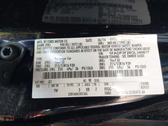 2016 Ford Focus SE with VIN 1FADP3F28GL349817, listed as a IAAI auction lot 42016215 with 68,816 mi miles and . Bid and sale history available at DreamBid. Image 9.