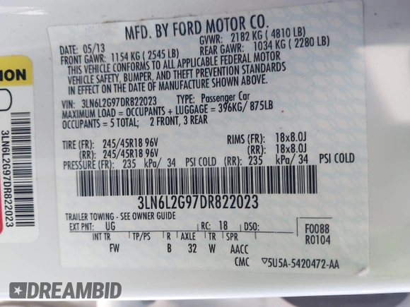 2013 Lincoln MKZ with VIN 3LN6L2G97DR822023, listed as a IAAI auction lot 41856396 with 129,056 mi miles and . Bid and sale history available at DreamBid. Image 9.