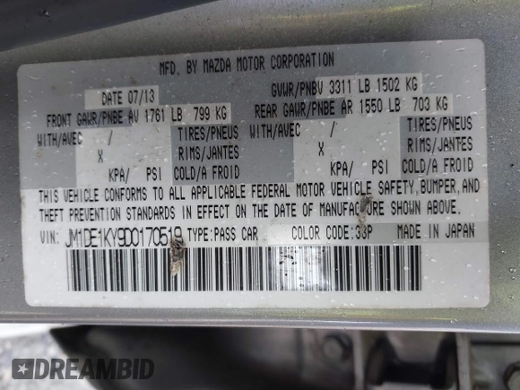 2013 Mazda 2 Sport with VIN JM1DE1KY9D0170519, listed as a IAAI auction lot 42212054 with 182,643 mi miles and . Bid and sale history available at DreamBid. Image 9.