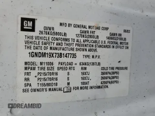 2003 Chevrolet Astro with VIN 1GNDM19X73B147735, listed as a Copart auction lot 54375475 with 195,006 mi miles and Clean Title. Bid and sale history available at carsss.com. Image 13.