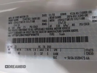 2022 Ford F-250 XL с VIN 1FTBF2B61NEF95875, выставлен на аукционе IAAI как лот 41577817 с пробегом 14 901 миль миль и . История ставок и продаж доступна на DreamBid. Изображение 9.