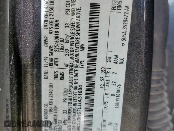 2020 Ford Escape SEL with VIN 1FMCU0H67LUA31684, listed as a Copart auction lot 63250425 with 70,108 mi miles and Salvage title. Bid and sale history available at DreamBid. Image 12.