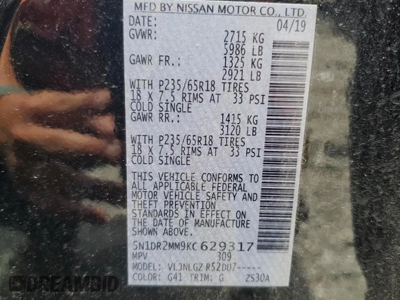 2019 Nissan Pathfinder SV with VIN 5N1DR2MM9KC629317, listed as a Copart auction lot 58920105 with 59,934 mi miles and Salvage title. Bid and sale history available at DreamBid. Image 14.