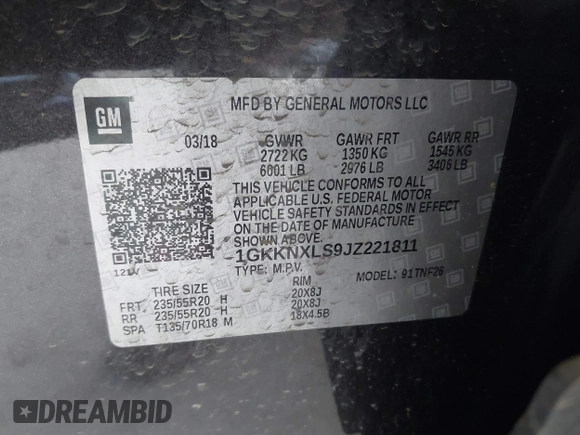 2018 GMC Acadia Denali with VIN 1GKKNXLS9JZ221811, listed as a IAAI auction lot 42096261 with 80,535 mi miles and . Bid and sale history available at DreamBid. Image 9.