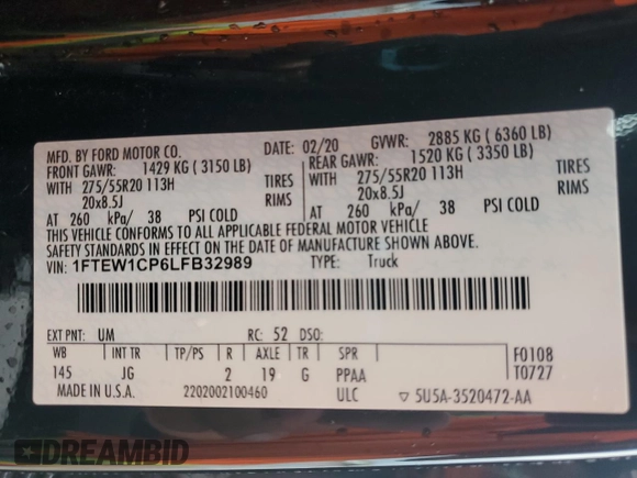 2020 Ford F-150 XL with VIN 1FTEW1CP6LFB32989, listed as a Copart auction lot 54590185 with 51,254 mi miles and Salvage Title. Bid and sale history available at DreamBid. Image 13.