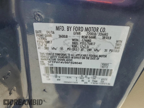 2006 Ford F-150 XLT с VIN 1FTPW14V56FB28040, выставлен на аукционе Copart как лот 62210065 с пробегом 204 786 миль миль и Чистый • Clean title. История ставок и продаж доступна на DreamBid. Изображение 12.