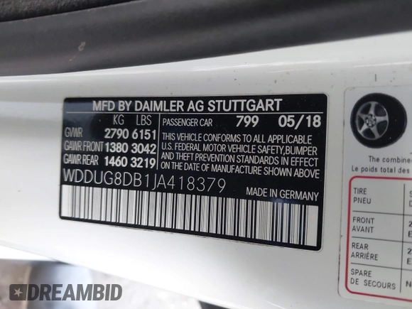 2018 Mercedes-Benz S 560 with VIN WDDUG8DB1JA418379, listed as a IAAI auction lot 41604377 with 71,993 mi miles and . Bid and sale history available at carsss.com. Image 9.