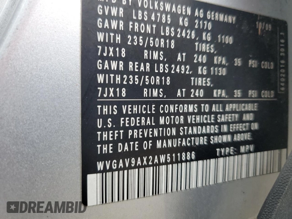 2010 Volkswagen Tiguan with VIN WVGAV9AX2AW511886, listed as a Copart auction lot 85361614 with 83,850 mi miles and Clean Title. Bid and sale history available at DreamBid. Image 14.